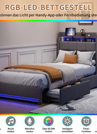 Letto singolo per bambini Superaly 90x200cm, letto imbottito con cassetti, LED e porte di ricarica, testiera con base a doghe