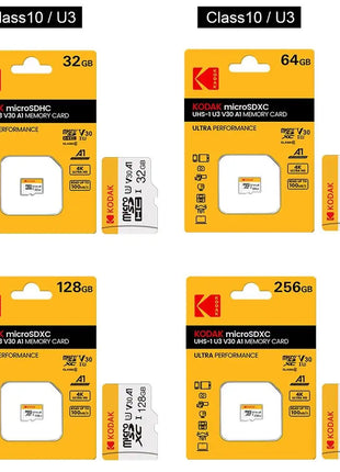 KODAK Micro SD TFcard 256GB 64GB 32GB Scheda di memoria 128GB Classe 10 Scheda SD Microsd 100MB/S UHS-I Scheda A1 per telefono/PC