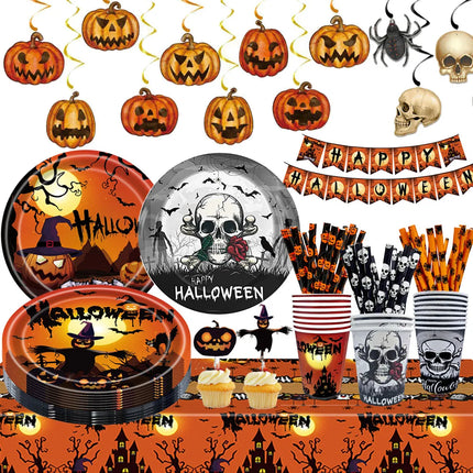 Halloween Theme Disposable Tableware Paper Plates Cups Straws Tablecloth Banner Spiral Cake Topper Happy Halloween Party Decor
