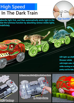 I giocattoli del treno dei dinosauri creano un set da gioco flessibile da corsa su strada del mondo dei dinosauri, auto da corsa dei giocattoli dei dinosauri per le ragazze dei vecchi