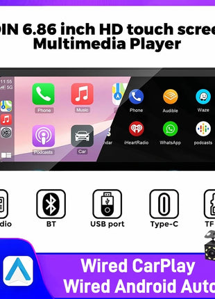 IPS 6.9 Inch 1Din Wired Carplay Android Auto Car Radio Multimedia Video MP5 Player Touch Screen Universal Autoradio Stereo - Riparo82