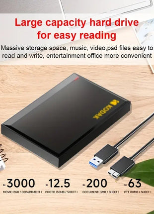 KODAK 2.5 "HDD 2TB SSD esterno portatile 1TB 500GB disco rigido 5Gbps USB3.0 HDD ad alta velocità per negozio di file di grandi dimensioni laptop desktop