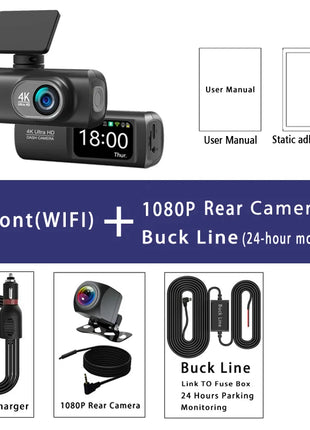 Dash Cam 4K+1080P Dual Lens WIFI GPS Car DVR Camera Video Drive Recorder Dashcam Dual Lens Black Box Front and Rear Night Vision - Riparo82