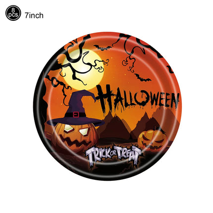 Halloween Theme Disposable Tableware Paper Plates Cups Straws Tablecloth Banner Spiral Cake Topper Happy Halloween Party Decor
