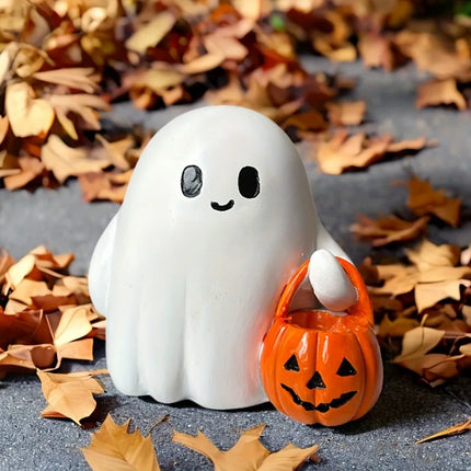 Halloween Desktop Ornament Figurine Ghost Holding Pumpkin Model Statue Tabletop Ornament for Halloween Party Home Decoration Toy