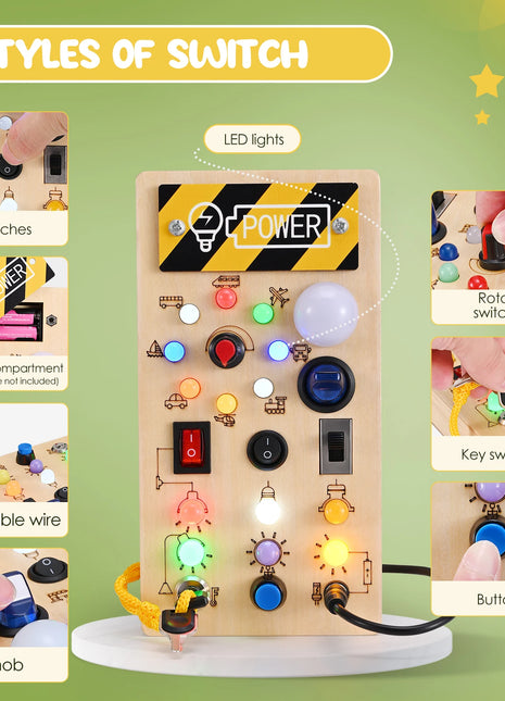 Montessori Busy Board Giocattoli sensoriali in legno con interruttore della luce a LED Scheda di controllo Attività di viaggio Giochi per bambini per 2-4 anni - riparo82