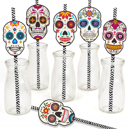 24Pcs Skull Paper Drinking Straw Cocktail Juice Disposable Straws Tableware for Mexican Day of The Dead Halloween Party Decor