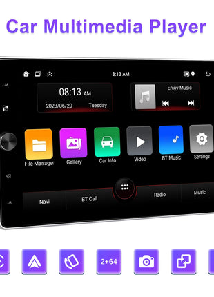 Podofo 10.4" Vertical Rotatable Screen Android Car Radio 1 Din 2+64G Wireless Carplay Android Auto GPS 1Din Multimedia Autoradio - Riparo82