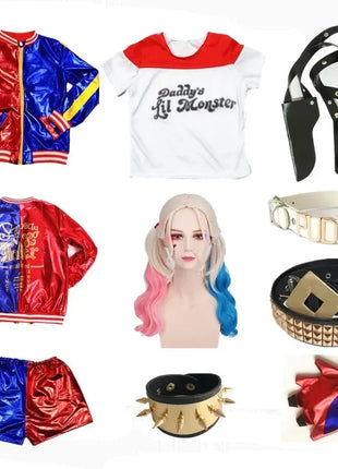 Natale Capodanno Carnevale Bambini Ragazze Suicide Harley Costumi Cosplay Squad Quinn Monster Joker Giacca Vestito adesivi per tatuaggi
