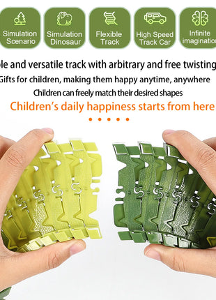 I giocattoli del treno dei dinosauri creano un set da gioco flessibile da corsa su strada del mondo dei dinosauri, auto da corsa dei giocattoli dei dinosauri per le ragazze dei vecchi
