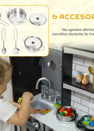 Cucina giocattolo in legno con suono Accessori in acciaio inossidabile per bambini dai 3 anni in su Marrone scuro - riparo82