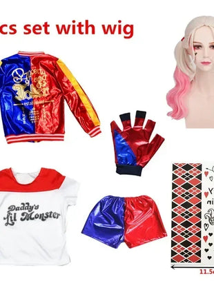 Natale Capodanno Carnevale Bambini Ragazze Suicide Harley Costumi Cosplay Squad Quinn Monster Joker Giacca Vestito adesivi per tatuaggi