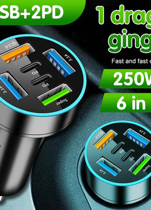 250W 5 Ports Car Charger Fast Charging PD QC3.0 USB C Car Phone Charger Adapter With Voltage For iPhone Samsung Huawei Xiaomi - Riparo82