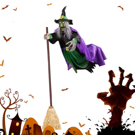 Halloween Props Hovering Witch Lights Prop Fun Costumes Flying Scary Witch Broom Wizard Decor for Garden Yard Lawn Indoor