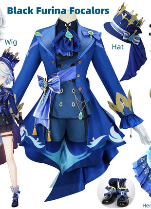 Furina Costume Cosplay Parrucca Capelli Impatto Fontaine Focalors con Cappello Abiti Neri Scarpe Cosplay Tacco Alto per Abiti da Donna