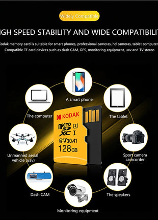 Scheda di memoria MicroSD KODAK 256 GB 128 GB FINO A 100 MB/s Class10 U3 32 GB 64 GB Scheda di memoria TF Microsd per PC Samrtphone
