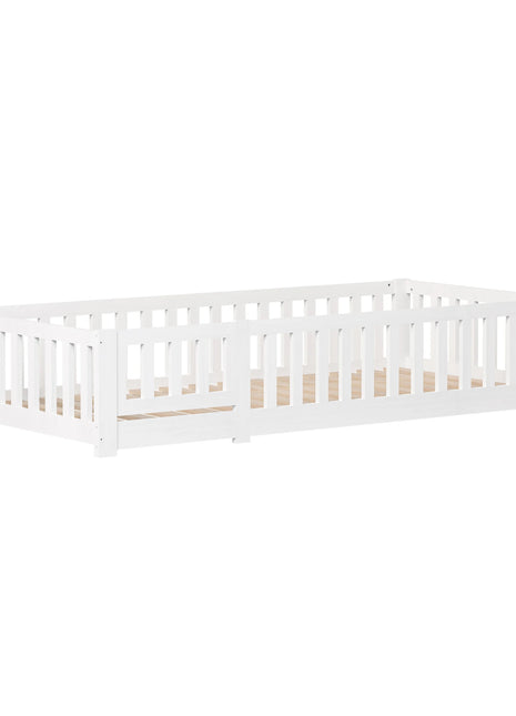 Letto a terra Montessori per bambini Rosahqnda 90/120/140x200cm, Bianco, Protezione anticaduta rimovibile e porta, Struttura a doghe in pino massiccio
