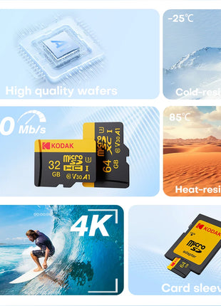 Kodak Micro SD Card Scheda di memoria classe 10 32G8 64GB 128GB 256GB U3 4K Ad alta velocità Catao De Memora Flash Memory TF card per fotocamera