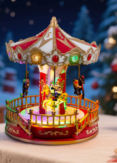 Giostra natalizia animata con luce musicale a LED Collezione di decorazioni per la tavola da interni Accessorio per villaggio per esposizione natalizia domestica