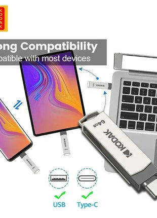 KODAK USB3.2 tipo C Flash Drive 256GB 128GB 32GB Pendrive Dual Memory Stick ad alta velocità per Smartphone Laptop