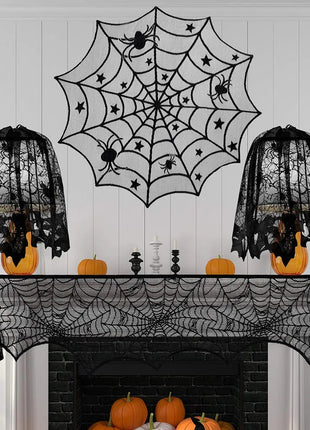 Halloween Decoration Black Spider Web Tablecloth Lace Table Runner Fireplace Cover Halloween Party Home Decor Haunted House Prop - Riparo82