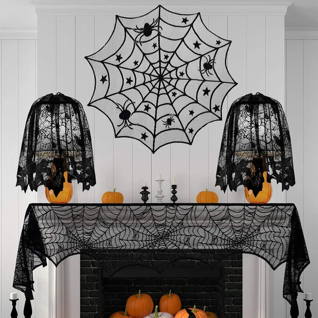Halloween Decoration Black Spider Web Tablecloth Lace Table Runner Fireplace Cover Halloween Party Home Decor Haunted House Prop