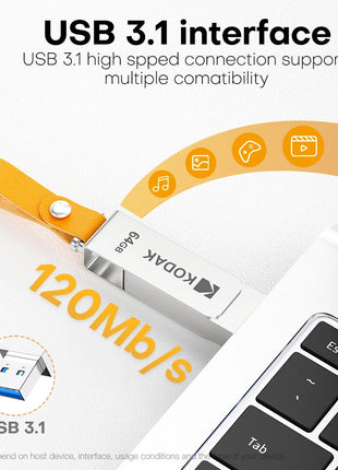 Kodak K133 Chiavetta USB 3.1 64 GB 128 GB 256 GB 512 GB Velocità di lettura 120 MB/s Corpo in metallo Fascia in pelle USB3.1 Pen Drive per PC e HD-TV