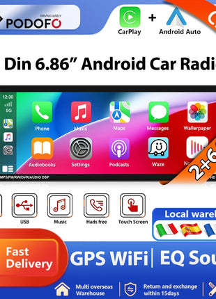 Podofo IPS 6.86''1Din Wireless Carplay Android Auto Car Radio Multimedia Video MP5 Player TouchScreen Universal Autoradio Stereo - Riparo82