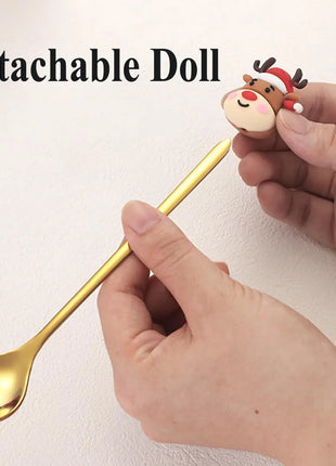 Cucchiaini da caffè e forchette per torte con decorazioni natalizie da 4 pezzi con ornamenti per bambole di Natale, set di posate in metallo dorato, forniture per feste - riparo82