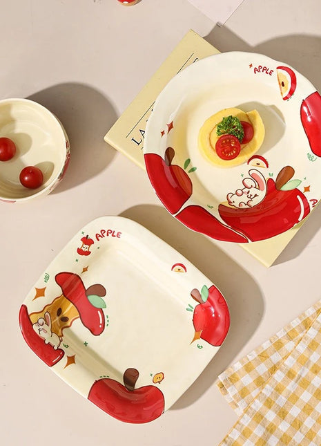 Set di stoviglie natalizie in ceramica, design simpatico cartone animato con mela, piatti da cena occidentali a tema festa, per piatti da dessert per torte, decorazioni per la casa - riparo82