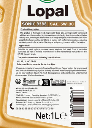 Lopal SONIC 9288,5W-30,SP,GF-6A 1L*6 Bottiglie Olio Motore Auto Protezione Avanzata 6L Lubrificante Olio Motore Sintetico Completo per Auto