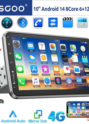 ESSSGOO 8-Core 360° Rotating Touchscreen Android 14 6+128G Wireless Apple Carplay Car Stereo 1 DIN GPS Navi 4G WiFi AM FM BT RDS