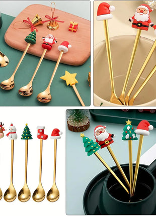 Cucchiaini da caffè e forchette per torte con decorazioni natalizie da 4 pezzi con ornamenti per bambole di Natale, set di posate in metallo dorato, forniture per feste - riparo82