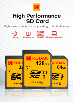 Scheda SD KODAK 64 GB 128 GB 32 GB U1 V30 Scheda di memoria SD Flash a grandezza naturale normale ad alta velocità per fotocamera