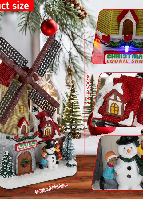 Decorazione del villaggio del mulino a vento di Natale invernale animato Scena da costruzione da collezione pre-illuminata Tavolo musicale per le vacanze al coperto Ornamento per la casa