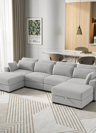 Divano modulare Anajqaqia, Divani da soggiorno, Divano in velluto con braccioli larghi, Poggiapiedi, Vari combinazioni, Velluto, Grigio