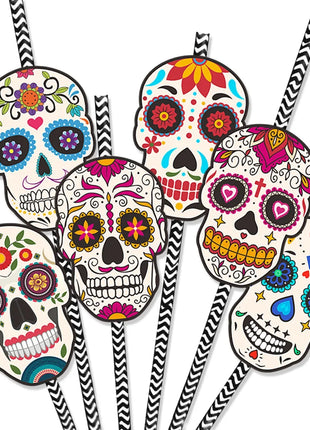 24Pcs Skull Paper Drinking Straw Cocktail Juice Disposable Straws Tableware for Mexican Day of The Dead Halloween Party Decor - Riparo82