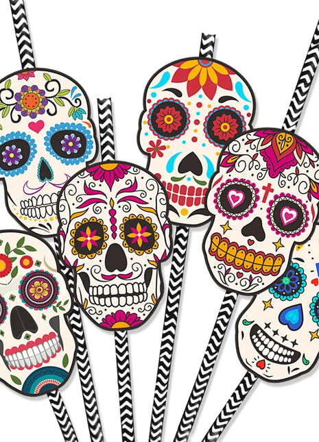 24Pcs Skull Paper Drinking Straw Cocktail Juice Disposable Straws Tableware for Mexican Day of The Dead Halloween Party Decor - Riparo82