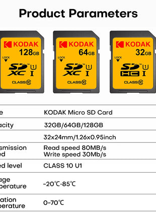 Schede di memoria per scheda SD KODAK U1 V30 per fotocamera Scheda di memoria SD HD Class10 da 64 GB 128 GB originale al 100% SDXC