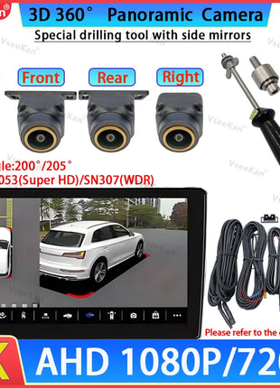 360 Car camera For android auto 360 panoramic system 8K 3D AHD1080P 720p Camera Night Vision with camera dedicated hole opener - Riparo82