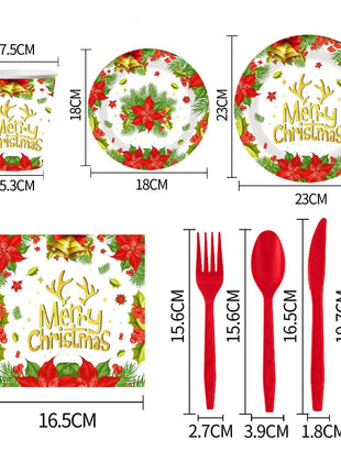 Set di stoviglie natalizie con campana a forma di fiore da 10 pezzi, stoviglie usa e getta, bicchieri di carta e piatti di carta, stoviglie per feste di Natale all'ingrosso - riparo82