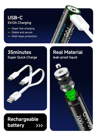 Batteria ricaricabile da dito USB 3.7V 700mAh 14500 AA con porta di ricarica rapida di tipo C per torcia a LED giocattoli lampada frontale per mouse - riparo82