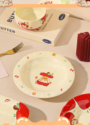 Set di stoviglie natalizie in ceramica, design simpatico cartone animato con mela, piatti da cena occidentali a tema festa, per piatti da dessert per torte, decorazioni per la casa - riparo82