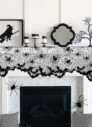 Halloween Decoration Black Spider Web Tablecloth Lace Table Runner Fireplace Cover Halloween Party Home Decor Haunted House Prop - Riparo82