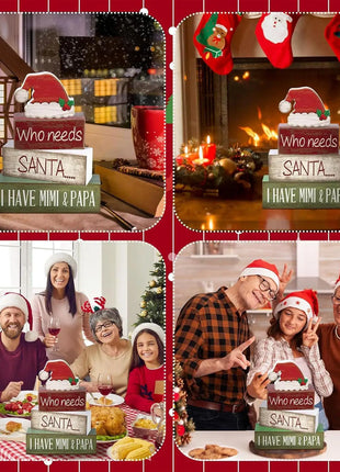 4 pezzi di cappello da Babbo Natale in legno, decorazioni da tavolo, vassoi a più livelli, decorazioni rustiche per il centro del tavolo di Natale con cartelli a blocchi, decorazioni natalizie - riparo82