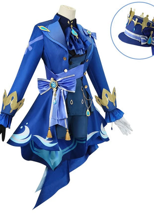 Furina Costume Cosplay Parrucca Capelli Impatto Fontaine Focalors con Cappello Abiti Neri Scarpe Cosplay Tacco Alto per Abiti da Donna