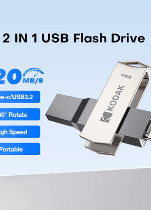 Kodak 2 in 1 Chiavetta USB Tipo-C Pendrive 32 GB 64 GB 128 GB 256 GB USB 3.2 Chiavetta USB Dual ad alta velocità Pen Drive per il telefono