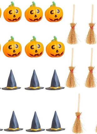 24 Pcs Halloween Mini Witch Hat & Broom Set  8 Witch Hats, 8 Brooms, 8 Pumpkin Heads - Halloween Party Favors, Decoration - Riparo82