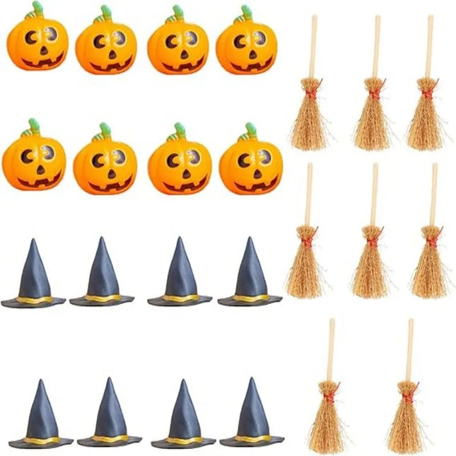 24 Pcs Halloween Mini Witch Hat & Broom Set  8 Witch Hats, 8 Brooms, 8 Pumpkin Heads - Halloween Party Favors, Decoration
