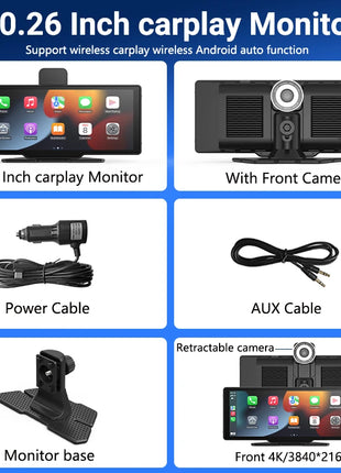 11.26 inch IPS Touch Screen Multimedia Video Player Portable 4K DVR Wireless CarPlay/Android Auto Dual Lens Driving Recorder - Riparo82